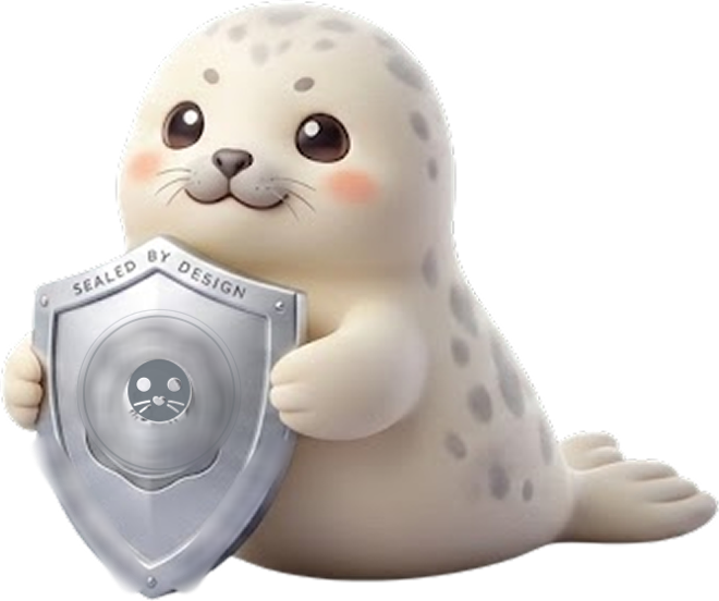 Seal, the app's mascot, holding a metal shield engraved “Sealed by design” with the Seal mark stamped in its centre.
